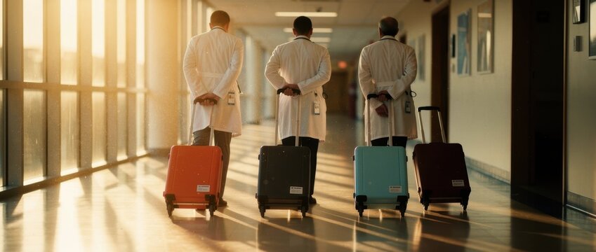 Doctors walking through hospital hallway with suitcases. Medical team traveling for conference or international mission. Healthcare relocation concept for recruitment and global service marketing.