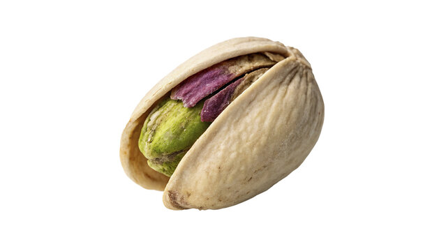 Single open pistachio nut in shell isolated on black background for healthy snacks