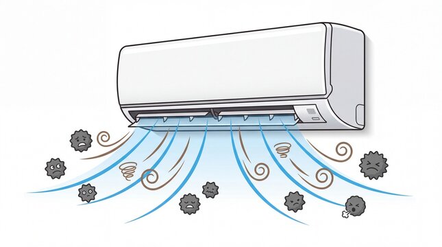 Modern air conditioner unit emitting dust particles and unhealthy air currents drawn on white background