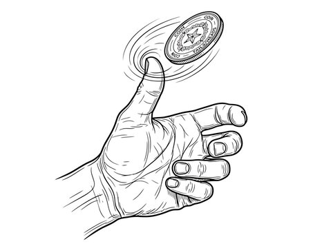 Illustration of a hand flipping a coin into the air, symbolizing chance and decision-making