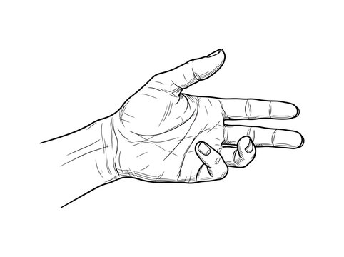 Close-up black and white illustration of a left hand gesturing with two fingers extended and the others curled inward