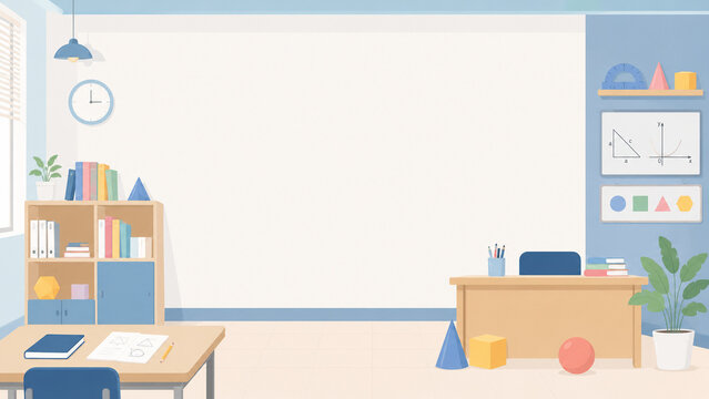 Modern Math Classroom Background with Geometric Shapes and Study Desk