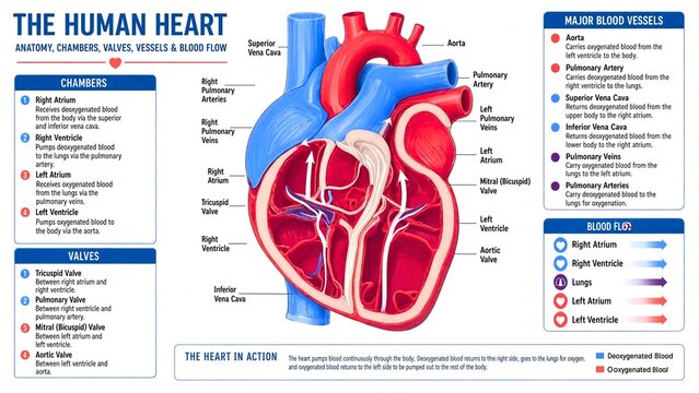 The Human Heart Anatomy Chambers Valves and Blood Flow Diagram
