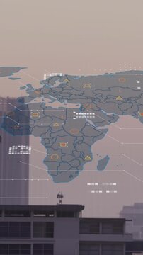 Animation of data processing and world map against aerial view of construction site