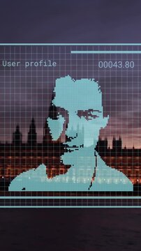 Animation of biometric photo and data processing over london cityscape