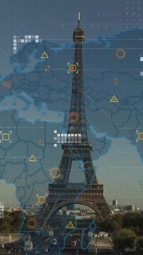 Animation of data processing with world map over paris cityscape