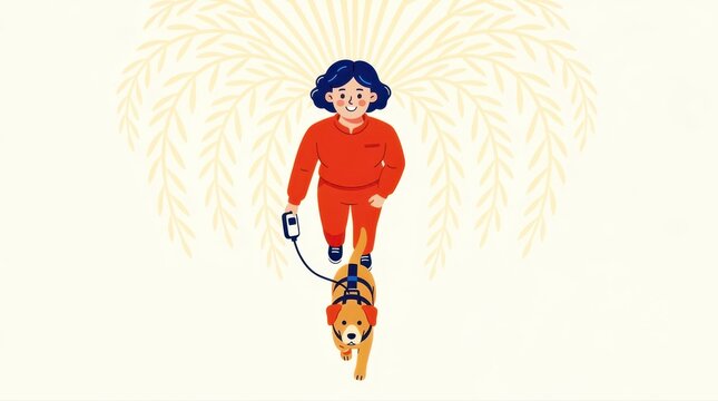 Woman walking a dog on a leash against a stylized leaf background. Happy female pet owner in sportswear with a golden retriever. Pet care and active lifestyle concept for marketing usage.