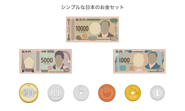 日本のお金&nbsp;紙幣と貨幣&nbsp;シンプルなイラスト