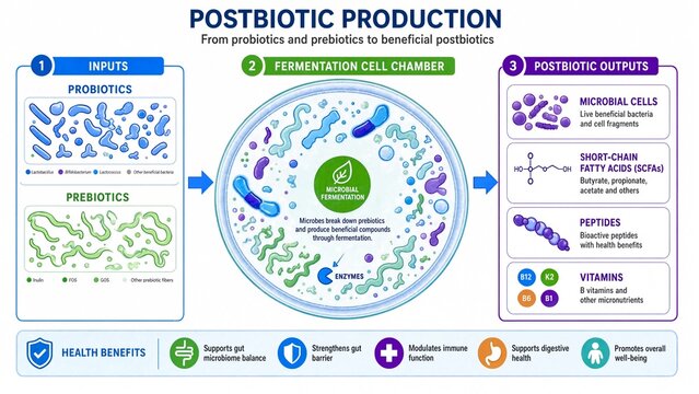 Postbiotic Production Process Probiotics Prebiotics and Fermentation Infographic