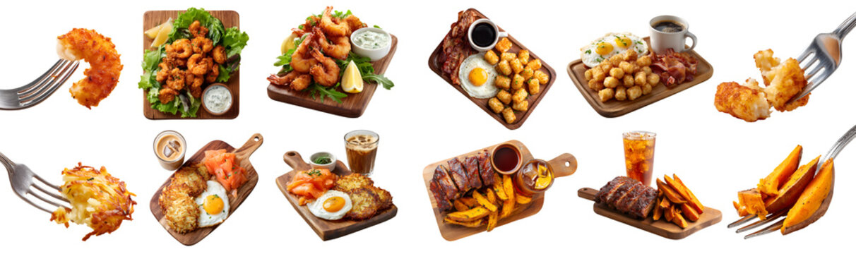 4 golden deep fried food set, rosti rooschti pancake, Tater tots potato, shrimp prawn ebi, sweet potato wedges, fork and serving board, broken bitten pile, transparent cutout PNG mockup