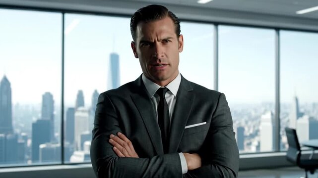 A close-up of a man in a suit in an office, with the serious expression of a business elite