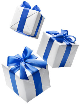 White gift boxes with blue bow