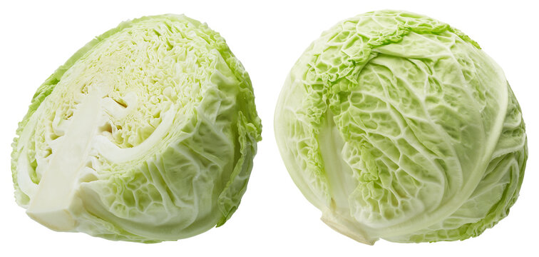 Whole and half green cabbage isolated