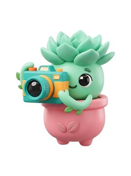 Succulent plant character holding a camera to take a photo