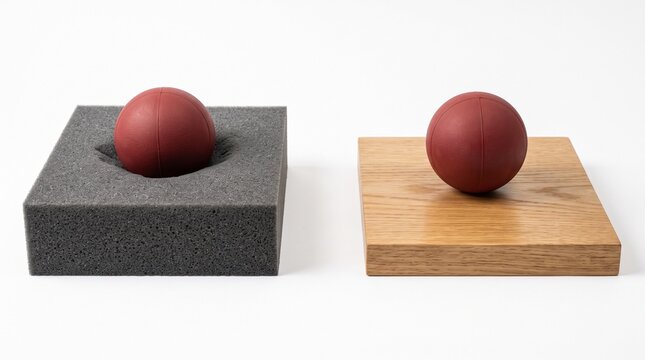 Ball resting on padded surface beside hard surface, impulse physics concept on white background