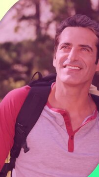 Couple with backpacks hiking over green animation shapes in outdoor adventure