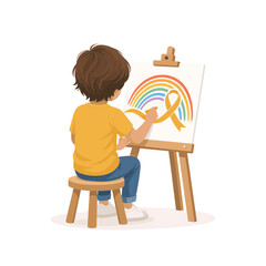 Fototapeta premium Little boy painting a rainbow and gold ribbon on an easel for childhood cancer awareness illustration isolated on white background