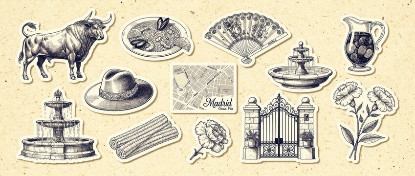Vintage hand-drawn stickers depicting Spanish culture and Madrid landmarks. Illustration includes bull, paella, fan, sangria, city map, and traditional architecture. Tourism and heritage concept.