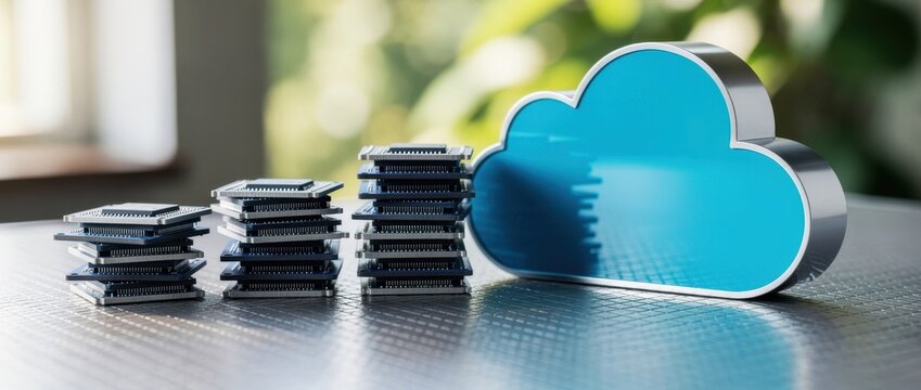 Stacks of computer processors beside a blue cloud icon. Hardware components representing digital infrastructure and data storage. Cloud hosting concept ideal for IT service marketing visuals.