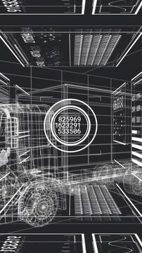 In school, animation of futuristic wireframe truck with digital data and numbers