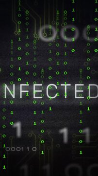 Digital theme animation with binary code and circuit patterns showing INFECTED text