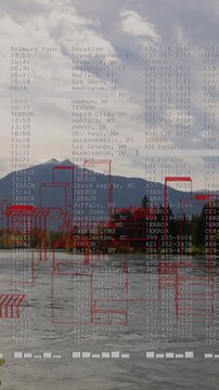 Animation of digital data and red wireframe structures over mountain lake scene