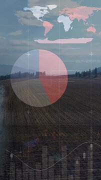Data visualization animation over agricultural landscape with charts and world map