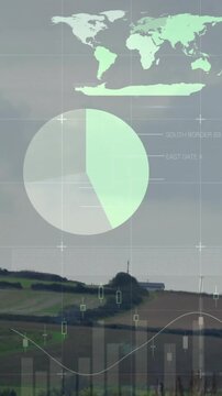 Wind turbine and landscape overlaid with data charts and world map animation