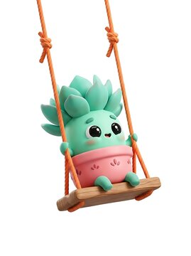 Cute 3d succulent character sitting on a wooden rope swing