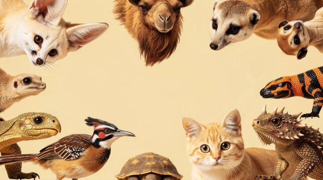 Various animals framing a central empty space. Group includes fennec fox, camel, cat, and reptiles on beige. Wildlife diversity theme, ideal for nature posters and educational frames.