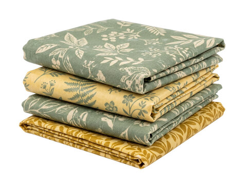 Folded botanical cotton fabric stack with green and yellow leaf patterns, textile fat quarters for sewing, quilting, and DIY crafts, isolated on black background for design mockup. Rustic style.