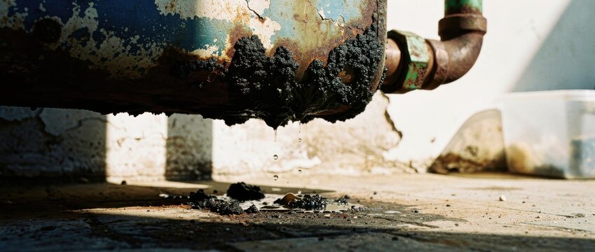 Thick black oil leaking from a rusted industrial pipe onto the ground. Close-up of toxic sludge dripping from corroded metal equipment. Environmental pollution and industrial neglect concept.