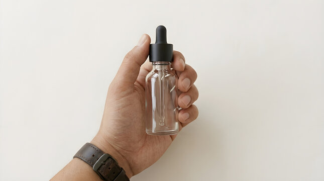 Glass dropper bottle held in male hand isolated on white background for cosmetic skincare or essential oil product advertising