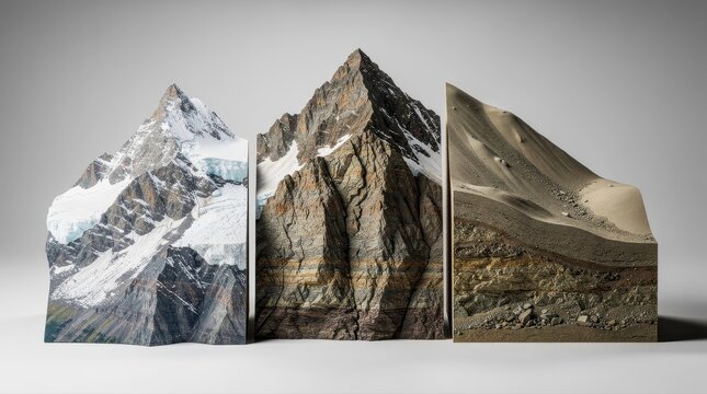 Three cross-section models showing mountain types on grey background. Display illustrates snowy peaks, rocky crags, and layered soil structures. Educational geology concept for science materials.