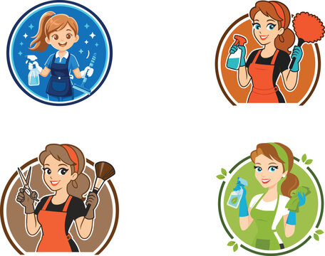 Cleaning service logo set cute maid mascot character with spray bottle and squeegee vector illustration
