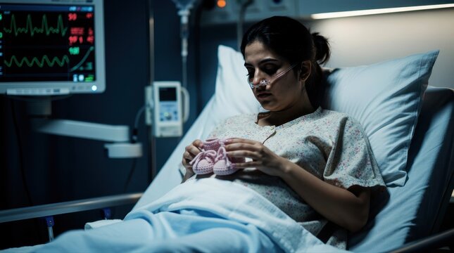 Sad woman in hospital bed holding pink baby shoes. Patient with nasal cannula mourning birth in a medical ward. Healthcare loss and labor complications concept for medical campaigns.
