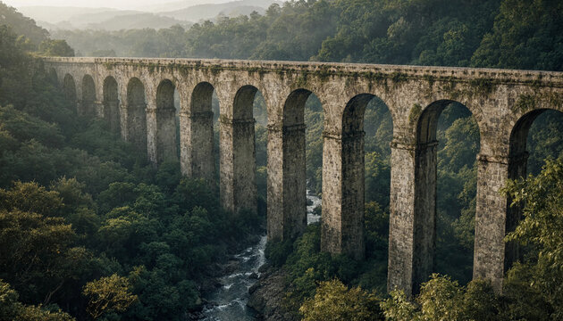 An old stone arched bridge spanning across a deep valley filled with dense green forest and a small river flowing underneath the structure