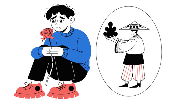 sad boy with rose, unrequited love concept