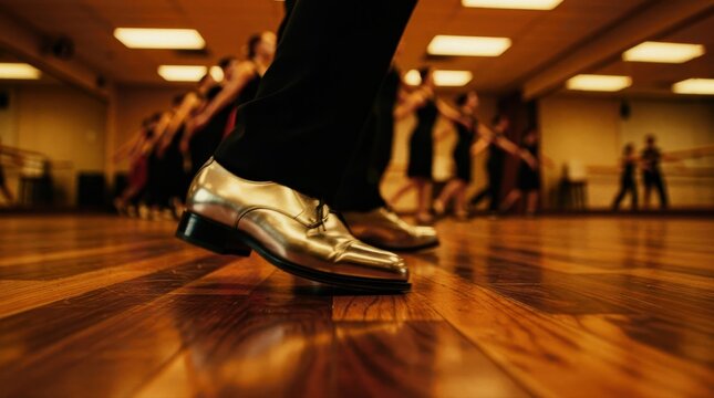 Close-up of gold dancing shoes on wooden floor. Male dancer rehearsing footwork with group in studio. Elegant performance concept for ballroom marketing and arts promotion.