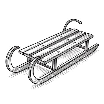 Black and white wooden sled with metal runners on snow