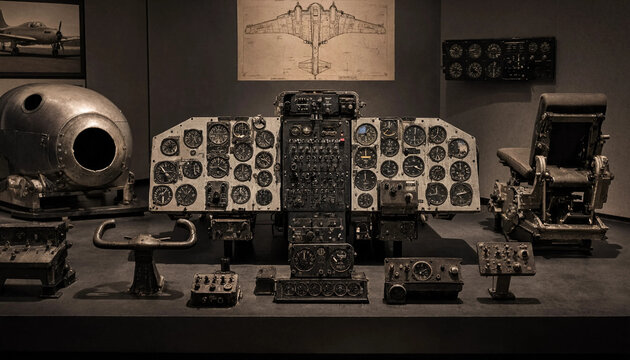Vintage aircraft cockpit instrument panel with analog gauges, dials, and flight controls displayed in a museum exhibit for aviation history