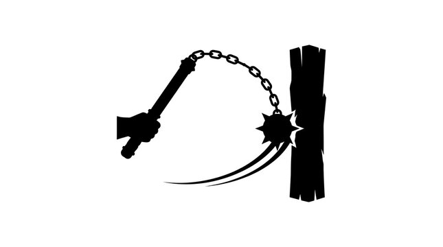 Hand swinging medieval flail silhouette hitting wooden target
