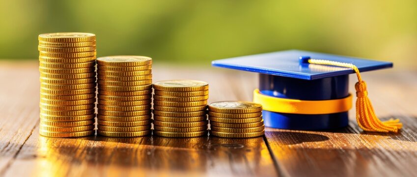 Stacks of gold coins beside a graduation cap on a wooden table. Piles illustrate tuition fees and student debt. Education financing concept for academic investment and scholarship marketing.