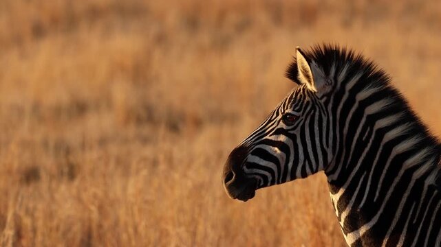 Telephoto closeup view on side of zebra's face at sunset on African plains