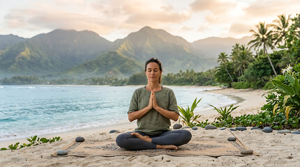 Fototapeta premium Man meditating peacefully on serene beach at sunrise.