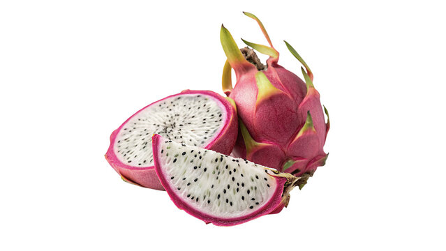 Fresh dragon fruit slice tropical pitaya isolated on dark background for exotic food graphics
