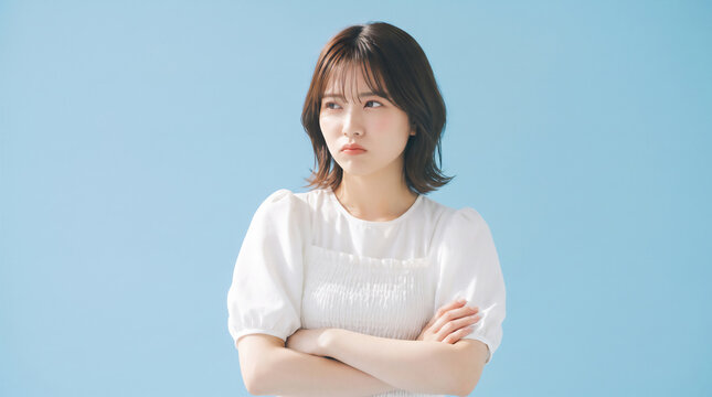 Dissatisfied young woman with crossed arms looking angry and pouting