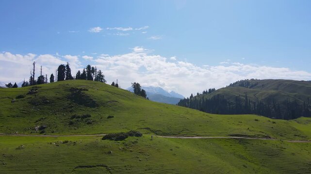 Aerial viewt of sri paye top lush green landscape and pine tree, shogran mountain in Pakistan