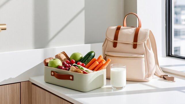 Morning kitchen scene with packed lunch box and backpack on countertop