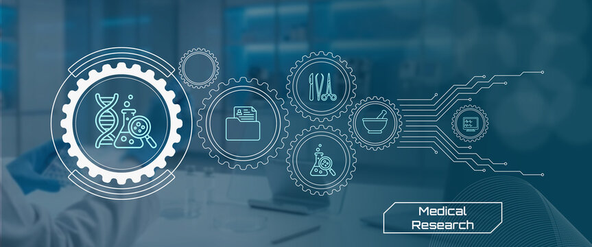 Advanced medical research technology integration with DNA, lab equipment, and digital analytics in modern biotech innovation